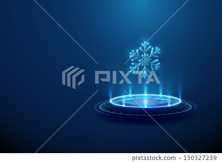 Snowflake on futuristic podium. Climate change, environmental protection, cryogenic technologies, medical cryopreservation concept. 130327239