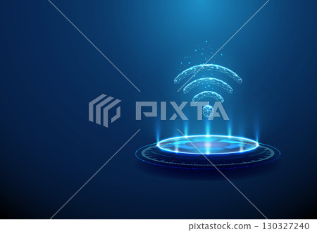 Wireless communication symbol on futuristic podium. Comprehensive connectivity, Wi-Fi, Li-Fi, 5G, 6G, edge computing, satellite internet technologies concept. 130327240