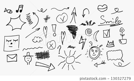 Doodle vector set with hand drawn hatching black elements. Hand drawn doodle set in outline style with arrows Doodle vector set with hand drawn hatching black elements. Hand drawn doodle set in outline style with arrows 130327279