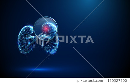 Kidney under magnifying glass with red spot inside Inflammation, infection, kidney disease, medical diagnosis, nephrology research, health monitoring concept. Kidney under magnifying glass with red spot inside Inflammation, infection, kidney disease, medical diagnosis, nephrology research, health monitoring concept. 130327300