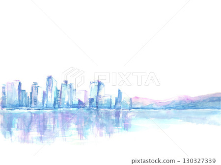 Watercolor illustration of a cityscape with buildings 130327339