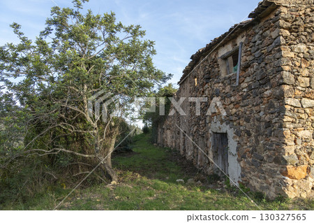 A stone building with a tree in front of it A stone building with a tree in front of it 130327565