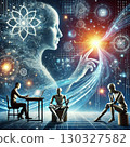 human works on a laptop while humanoid robots sit nearby, and an ethereal digital figure emerges in the background, symbolizing artificial intelligence and its connection to human technology. The 130327582