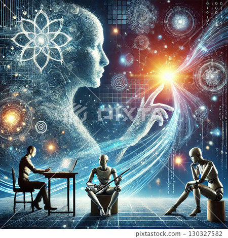 human works on a laptop while humanoid robots sit nearby, and an ethereal digital figure emerges in the background, symbolizing artificial intelligence and its connection to human technology. The 130327582