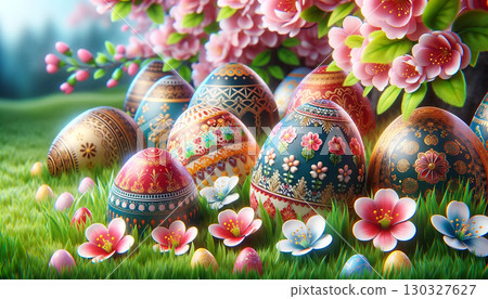collection of beautifully decorated Easter eggs, each adorned with intricate patterns and floral designs, rests on lush green grass. Surrounding the eggs are delicate spring flowers in full bloom 130327627