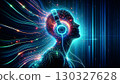 A futuristic silhouette of a person wearing headphones, made up of neon lines and glowing with digital energy. This image embodies the fusion of technology and human experience, appealing to tech 130327628