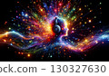 vibrant, explosion of colors radiating from a human profile wearing headphones. features light trails and particle effects, symbolizing the burst of creativity, sound, and digital innovation. It 130327630