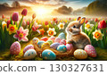 A bunny sits among decorated Easter eggs in a nest, surrounded by tulips and daffodils at sunrise. 130327631