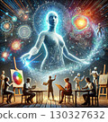 glowing digital figure represents artificial intelligence overseeing a collaborative team of human creators and robots working together. The scene highlights the interplay between AI and human 130327632