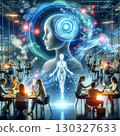 An illuminated AI figure hovers over a busy, modern office setting where teams of people collaborate. The scene symbolizes the integration of artificial intelligence with human teamwork, creativity 130327633