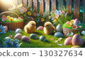 Two fluffy yellow chicks sit on the vibrant green grass surrounded by pastel-colored Easter eggs, creating a heartwarming and festive spring scene. A woven basket filled with colorful flowers and 130327634