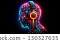 neon-lit profile of a human head designed with intricate digital circuits and glowing elements, featuring headphones. The image represents the convergence of technology, music, and artificial 130327635