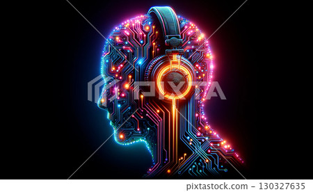 neon-lit profile of a human head designed with intricate digital circuits and glowing elements, featuring headphones. The image represents the convergence of technology, music, and artificial 130327635