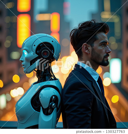 Man and robot standing back to back 130327763
