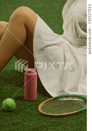 Woman in white dress sitting on grass with pink soda can and vintage tennis racket playful vibe Woman in white dress sitting on grass with pink soda can and vintage tennis racket playful vibe 130327813