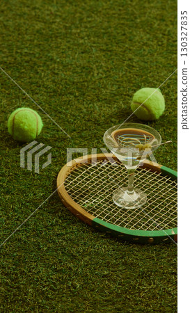 Martini glass with olives placed on vintage tennis racket surrounded by balls on grass joyful vibe 130327835
