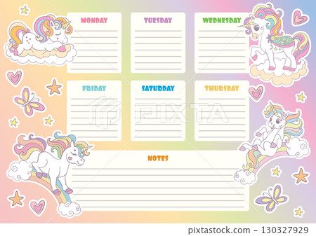 Weekly planner and school schedule with unicorns vector 130327929