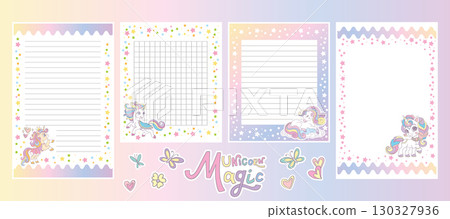Cute unicorn note pages ptintable template vector set Cute unicorn note pages ptintable template vector set 130327936
