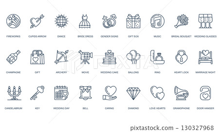 Wedding icons set in outline stroke design for web. Pack line pictograms with fireworks, cupid arrow, dance, bride dress, gender party, gift box, music, bridal bouquet, more. Vector illustration. 130327968