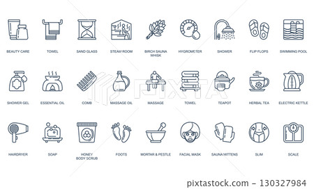 Sauna icons set in outline stroke design for web. Pack line pictograms with beauty care, towel, sandglass, steam room, birch whisk, shower, flip flops, gel, essential oil, more. Vector illustration. 130327984