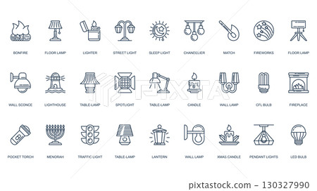 Light icons set in outline stroke design for web. Pack line pictograms with bonfire, floor lamp, lighter, chandelier, match, fireworks, wall sconce, lighthouse, candler, more. Vector illustration. 130327990