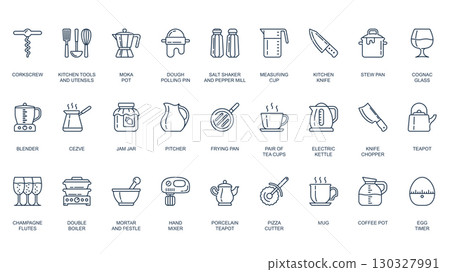 Kitchen icons set in outline stroke design for web. Pack line pictograms with corkscrew, utensil, dough rolling pin, salt shaker, pepper mill, measuring cup, knife, mixer, more. Vector illustration. 130327991