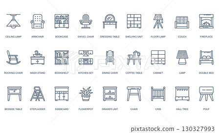 Furniture icons set in outline stroke design for web. Pack line pictograms with ceiling lamp, armchair, bookcase, swivel chair, dressing table, shelving unit, couch, crib, more. Vector illustration. 130327993