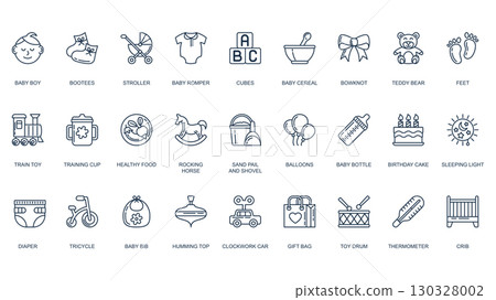 Babies icons set in outline stroke design for web. Pack line pictograms with boy, booties, stroller, romper, cubes, bowknot, teddy bear, feets, train toy, training cup, bib, more. Vector illustration. Babies icons set in outline stroke design for web. Pack line pictograms with boy, booties, stroller, romper, cubes, bowknot, teddy bear, feets, train toy, training cup, bib, more. Vector illustration. 130328002
