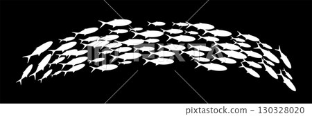 Fish group swimming. School of blackfish. Silhouettes of white fishes isolated on black background. Abstract vector illustration Fish group swimming. School of blackfish. Silhouettes of white fishes isolated on black background. Abstract vector illustration 130328020