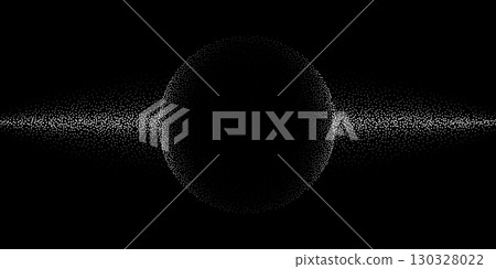 Abstract technology background. Silhouette of globe composed of white dots with gradient effect and horizontal line of flying particles isolated on black. Digital vector illustration Abstract technology background. Silhouette of globe composed of white dots with gradient effect and horizontal line of flying particles isolated on black. Digital vector illustration 130328022