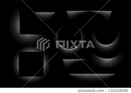 Shadows of round, square, line objects. Halftone gradient light effects in geometric shapes on black background. Various templates with shadow effect. Abstract vector illustrations set 130328046