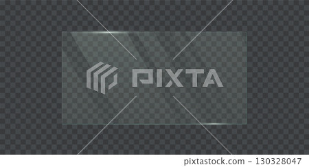 Transparent glass rectangular frame. 3d plastic horizontal screen with rectangular shape. Reflective surface panel with light glare on transparent background. UI element. Realistic vector illustration 130328047