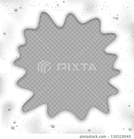 White foam splash frame with bubbles on transparent background. Foam of soap, beer, milk, fizzy drink, shampoo, detergent in shape of circle with realistic liquid texture. Vector illustration White foam splash frame with bubbles on transparent background. Foam of soap, beer, milk, fizzy drink, shampoo, detergent in shape of circle with realistic liquid texture. Vector illustration 130328048