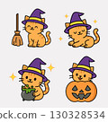 Vector Halloween illustration with cats in witch hats pumpkin broom and cauldron 130328534