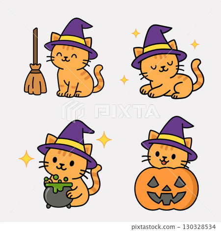 Vector Halloween illustration with cats in witch hats pumpkin broom and cauldron 130328534