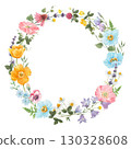 Watercolor Floral Wreath with Wildflowers, Round Frame for Invitations, Wedding Cards, and Decorative Design 130328608