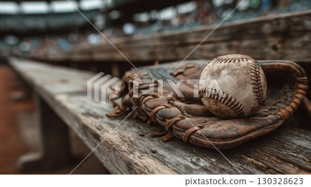 An old baseball and mitt sit on the bench, capturing the spirit of a game gone by, a memory of many games played on the baseball field 130328623