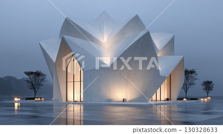 A stunning architectural marvel bathed in soft light, where the modern building's design reflects a serene and elegant lotus blossom in this contemporary art piece 130328633