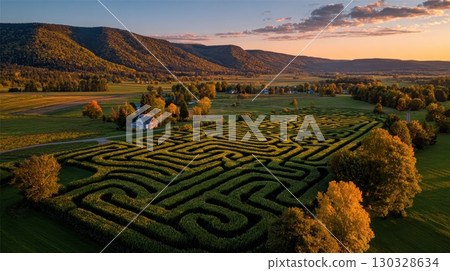 Corn maze aerial view. Rural landscape with mountains, village, and sunset. Autumnal adventure 130328634