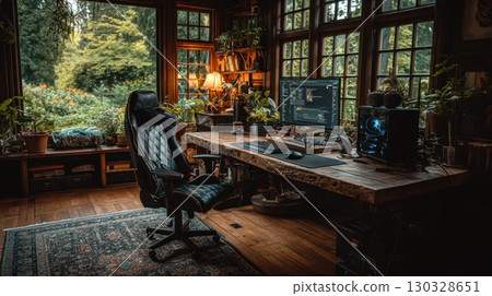 A gaming setup with a gaming chair, computer, desk, and plants create a natural workspace to promote relaxation and productivity 130328651
