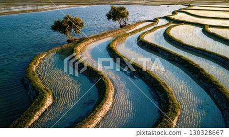 This aerial shows the stunning landscape of rice terraces, with their tranquil water-filled paddies and lush green banks, creating an idyllic scene 130328667