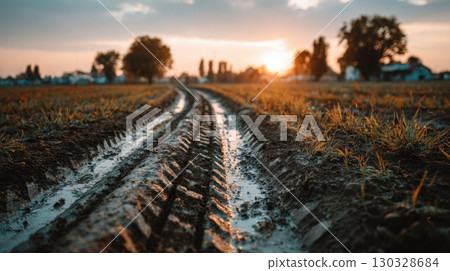 A muddy track leads through a rural field at sunset, showcasing the beauty of the countryside and agricultural landscapes. The warm light enhances the scene's natural charm 130328684