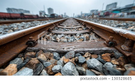 Railroad tracks converge at ground level, showing weathered ties, ballast, and distant buildings fading into a gray sky Railroad tracks converge at ground level, showing weathered ties, ballast, and distant buildings fading into a gray sky 130328685