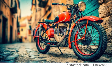 A vintage motorcycle sits on a cobblestone street, showcasing its retro style and design that evokes a sense of classic motorcycling 130328688