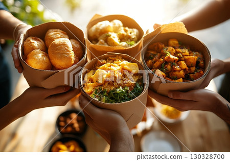 Friends joyfully share diverse and delicious takeout meals, savoring the flavors of a shared culinary experience 130328700