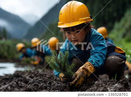 A young girl in a muddy yellow hard hat plants a small evergreen sapling, contributing to reforestation efforts 130328701