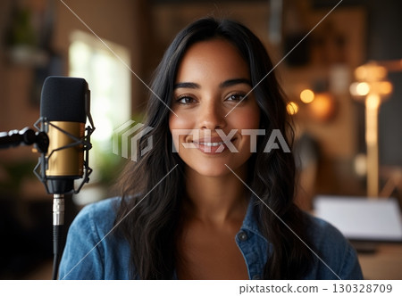 A young woman with long dark hair smiles confidently into a microphone, ready to record a podcast or voiceover A young woman with long dark hair smiles confidently into a microphone, ready to record a podcast or voiceover 130328709