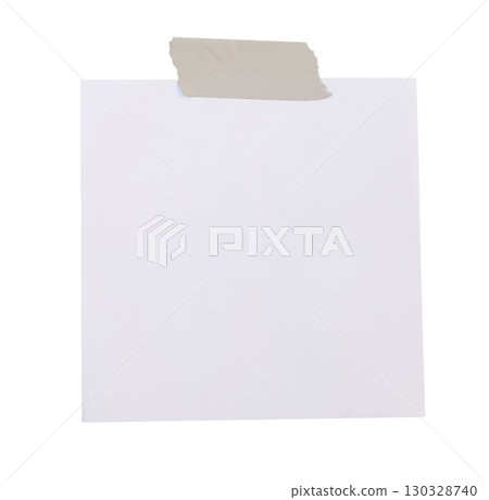 Blank notepaper mockup. Reminder message card template isolated on transparent background. White textured paper. Grunge torn brown washi tape. Office business stationery element. Memo card 130328740