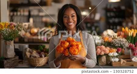 A smiling Black female florist holds a bouquet of vibrant orange tulips in her flower shop 130328752