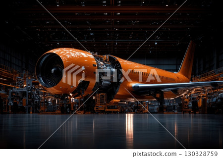 A vibrant orange airplane undergoes maintenance in a large hangar, its engine exposed, showcasing the intricate details of aircraft construction 130328759